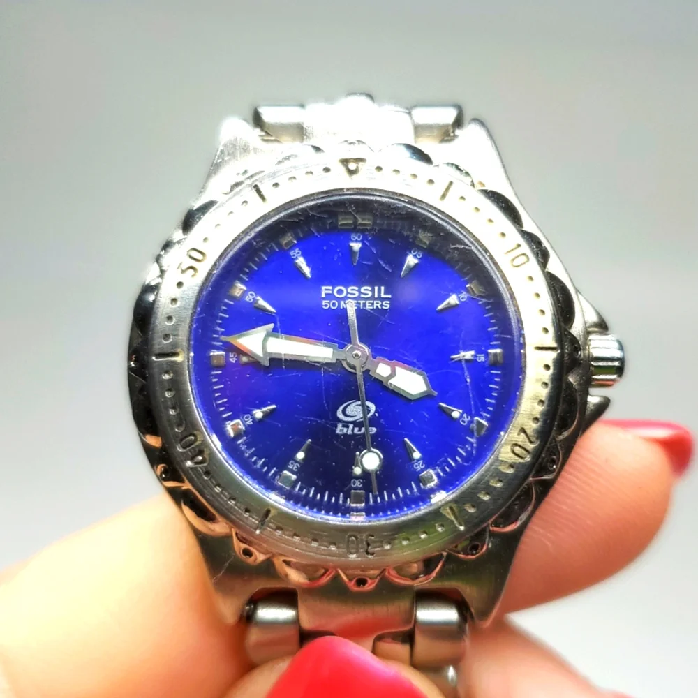 Vintage Fossil Blue AM-3099 Blue Dial Silver Watch